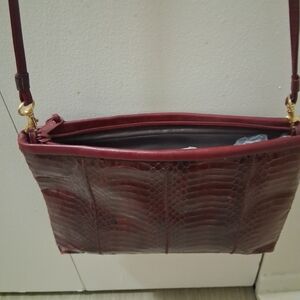 Women’s Burgundy Faux Snakeskin Crossbody Purse with Leather Trim Vintage Purse
